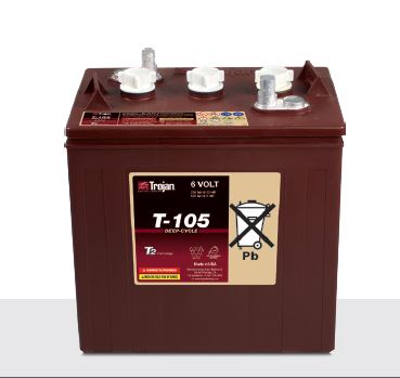 TROJAN T-105 6V 20-Hr Rate 225 Amp hour Flooded Lead Acid Battery